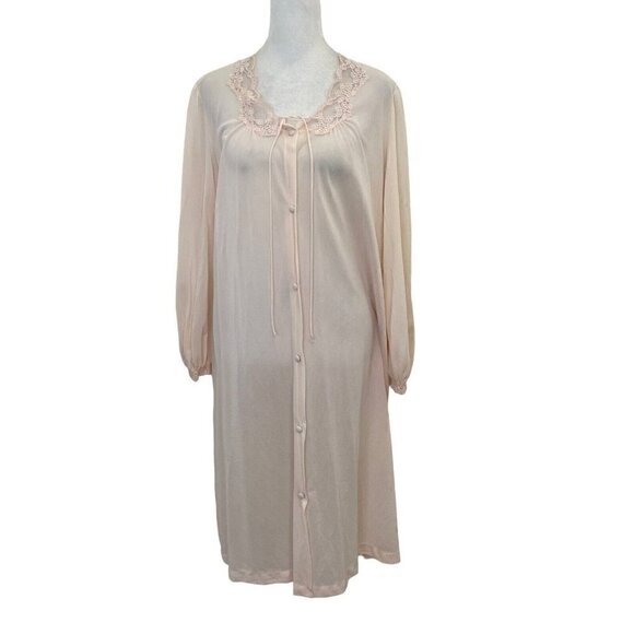 Vintage 80s Miss Elaine Sheer Long Sleeve Dressing Robe Pink Pockets size Medium - Picture 1 of 8